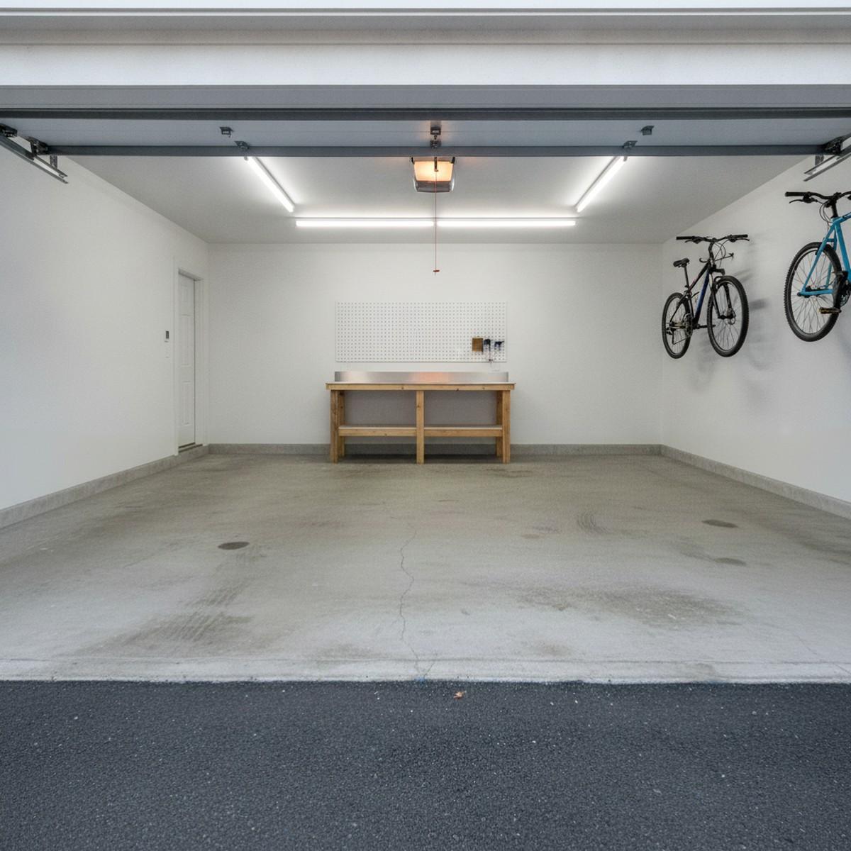 A worn, stained, bare concrete garage floor before an epoxy coating