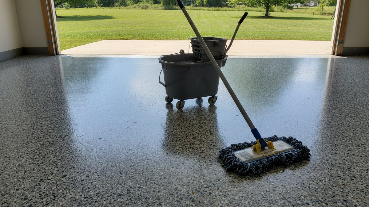 A dust mop and bucket on a freshly cleaned epoxy garage floor, illustrative example