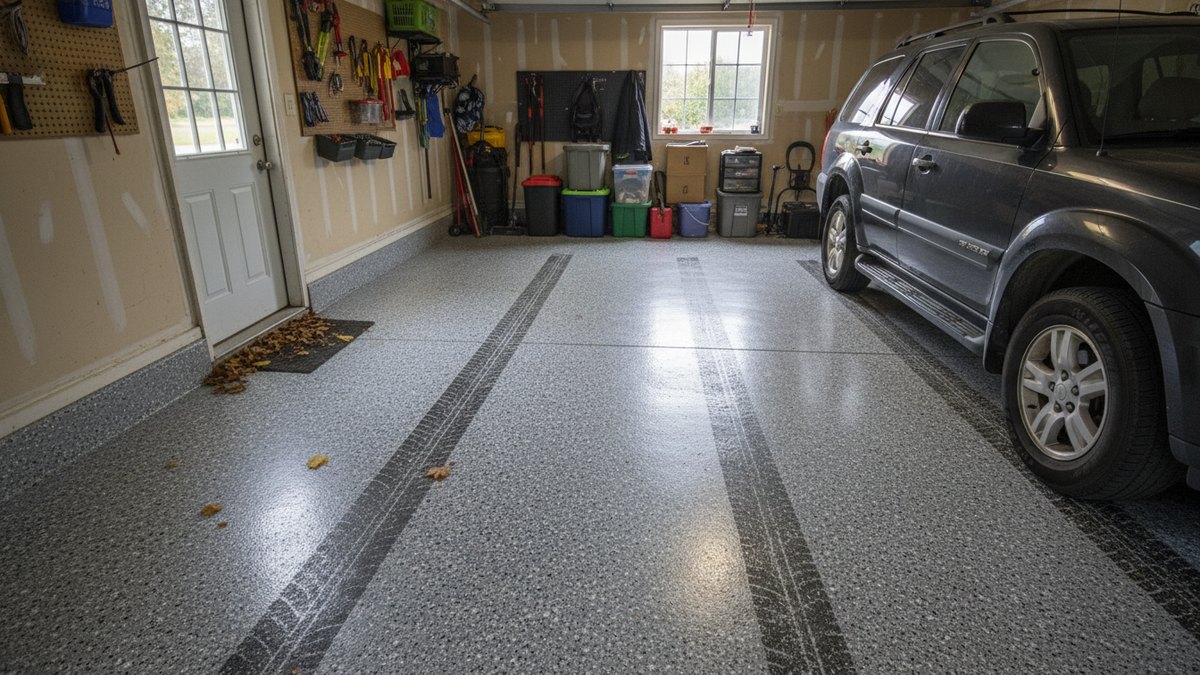 A flake epoxy garage floor still glossy after years of daily parking, illustrative example