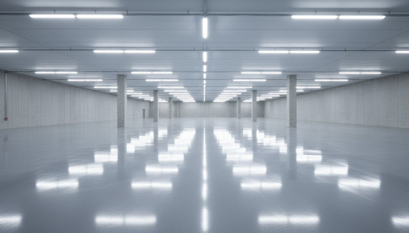 A seamless high-gloss epoxy floor in a commercial warehouse, illustrative example