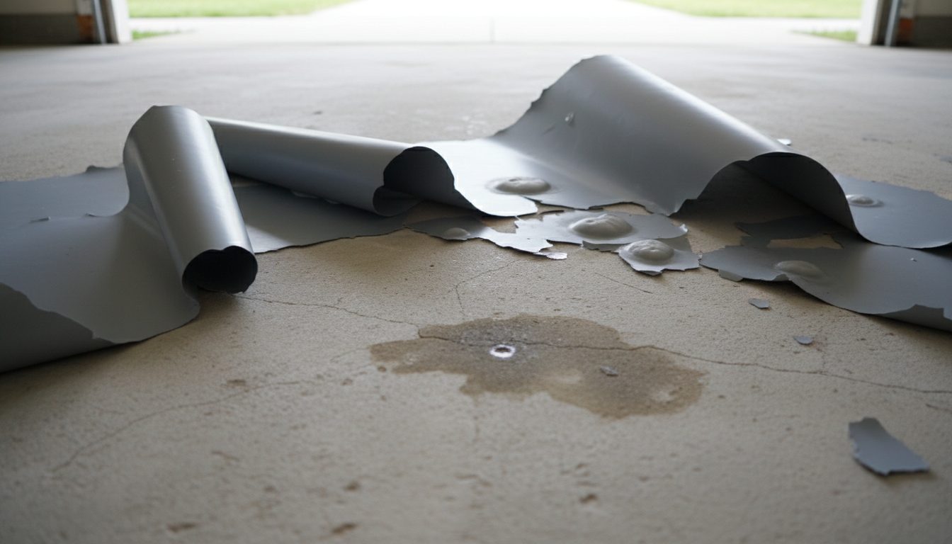 A garage floor with an old failing coating, illustrative example