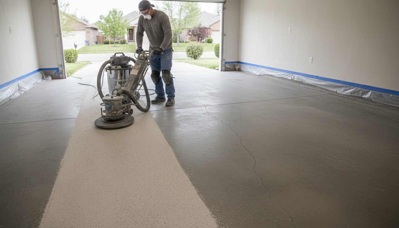 A garage floor being ground before coating, illustrative example