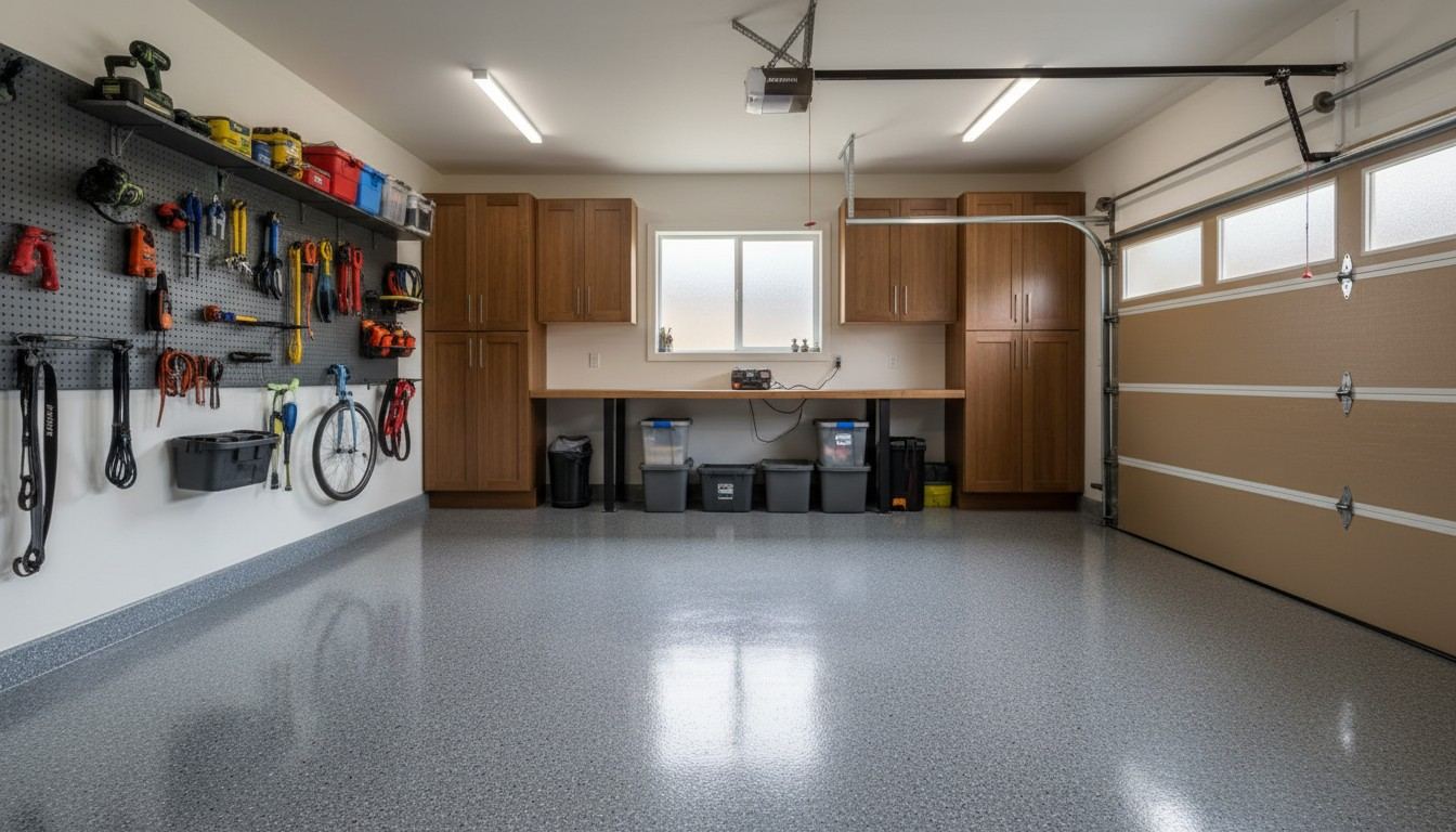 A residential garage with a gray flake epoxy floor coating, illustrative example