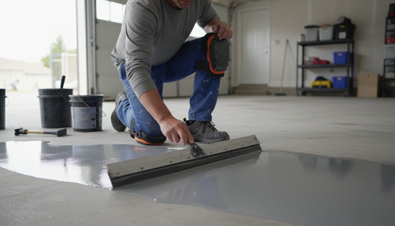 An installer spreading epoxy coating across a floor, illustrative example