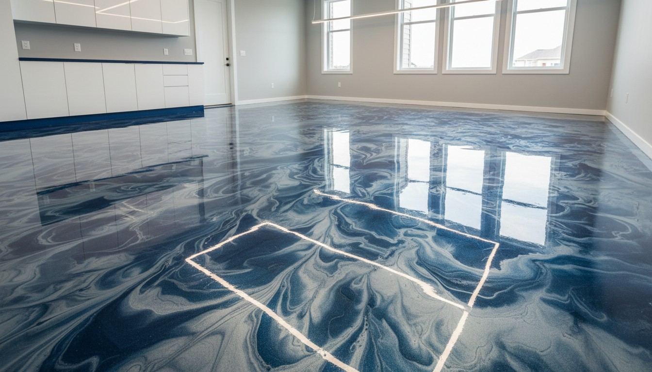 A metallic marbled epoxy floor with a glossy mirror finish, illustrative example