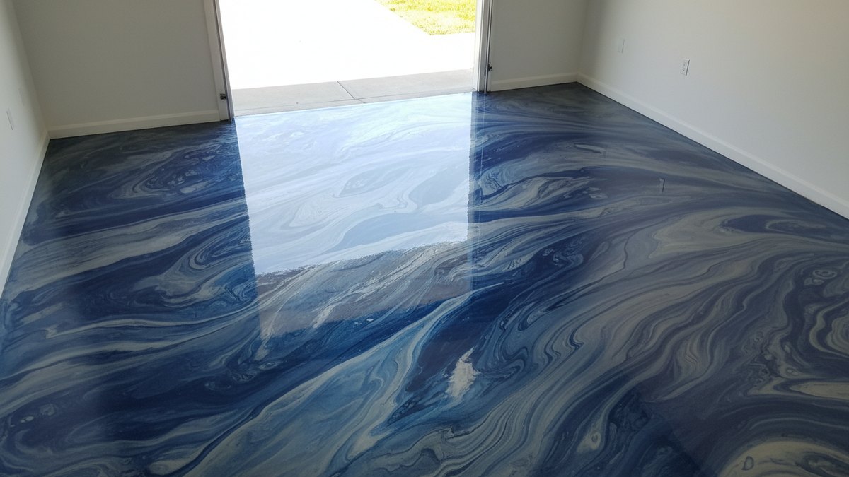 A metallic marbled epoxy floor with a glossy mirror finish, illustrative example