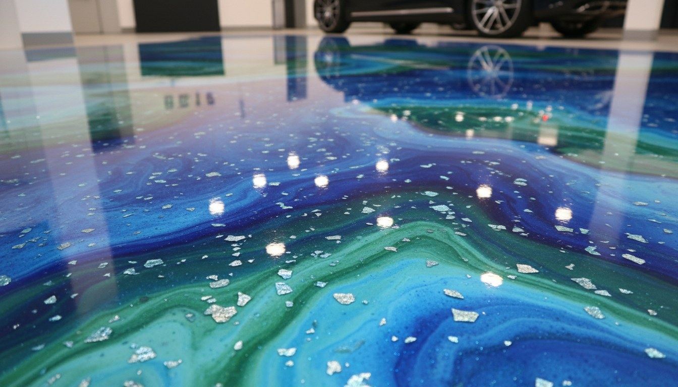 Decorative epoxy floor with blue and teal flake finish